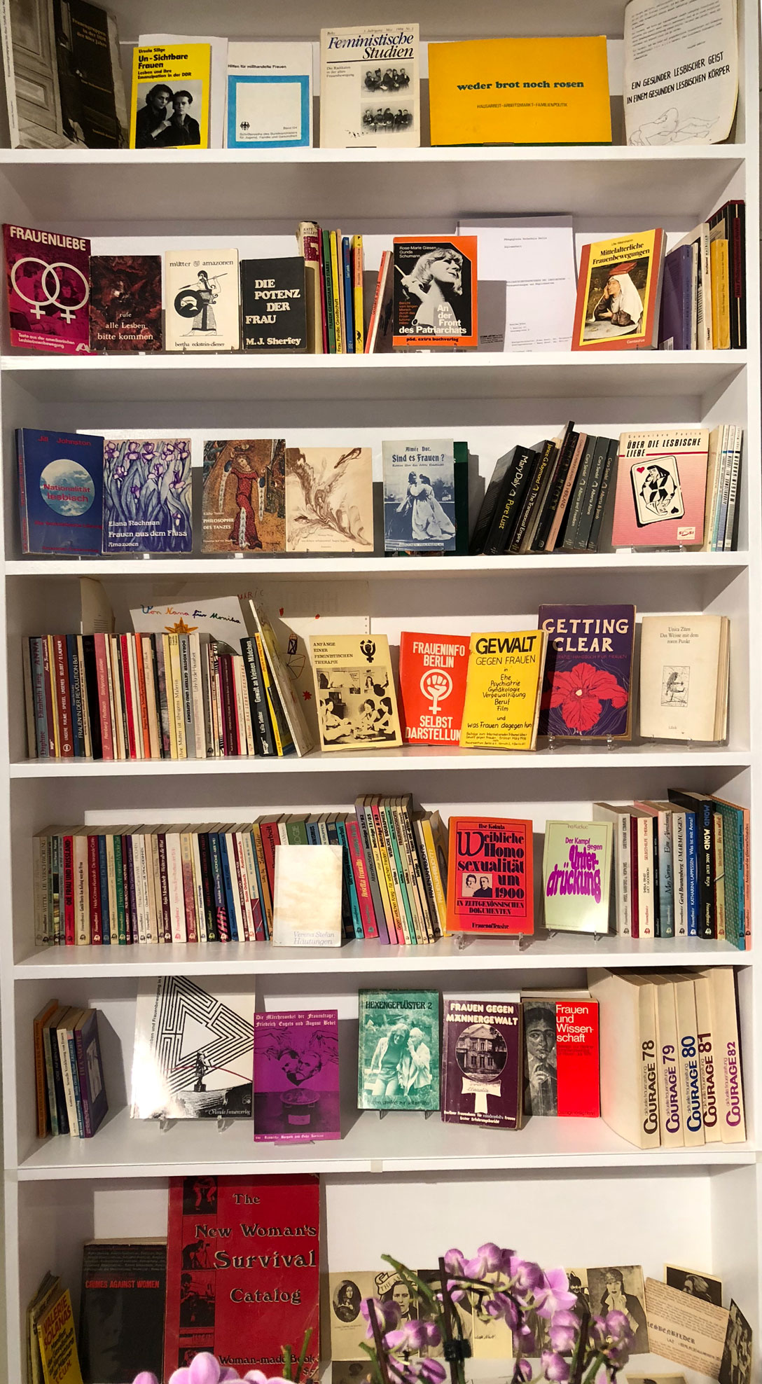 Bücherregal mit Büchern und Zeitschriften des Frauenbuchvertriebs